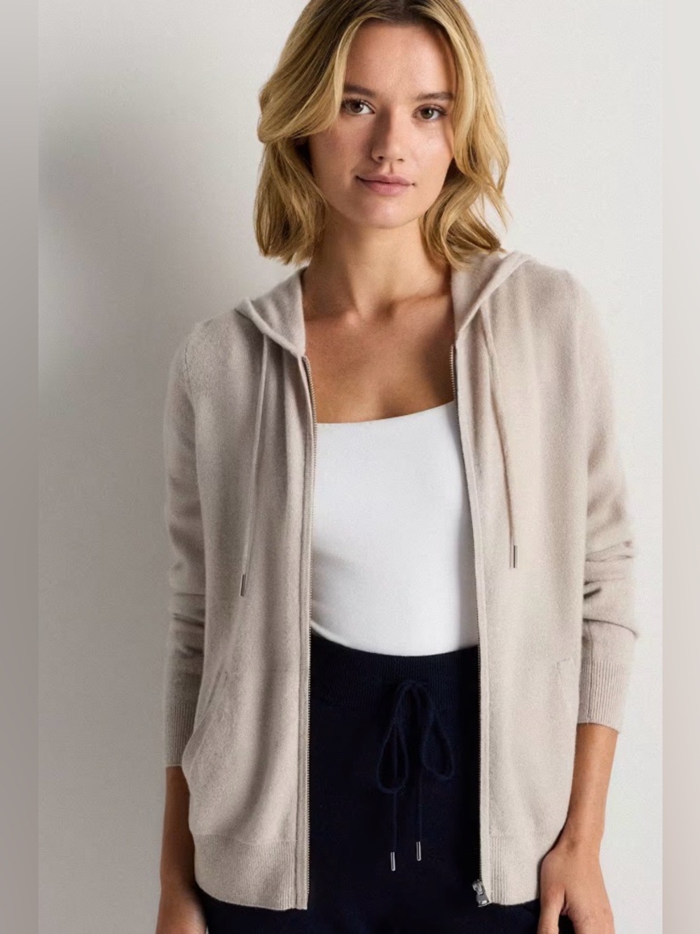 QUINCE 100% Mongolian cashmere full zip up sweater Heather cloud beige small